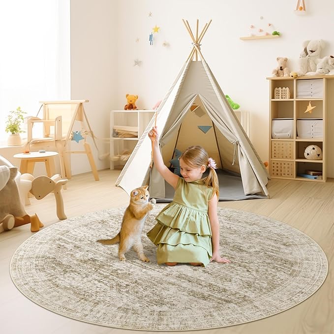 8x8 Brown Round Rug 8ft Living Room Circle Rug Vintage Round Area Rug Non Slip Indoor Carpet for Apartment