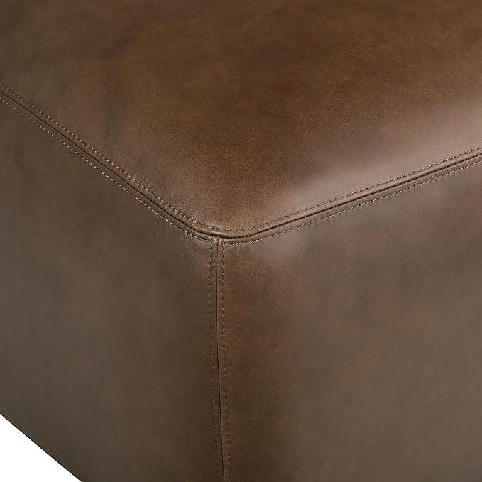 Poly & BARK Denver Ottoman – 43" Large Pouf with Feather-Down Topper – Full-Grain Leather Upholstered Pouf Ottoman for Living Room – Vintage Italian Leather in Cocoa Brown