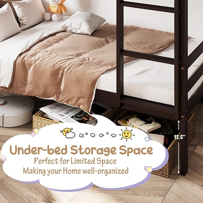 KOMFOTT Wood Bunk Bed Twin Over Twin, Bunk Bed with Ladder & Safety Guardrail, Solid Wood Bed Frame, Ideal for Dormitory & Multiple-Child Family, No Box Spring Needed, Kids Twin Bed