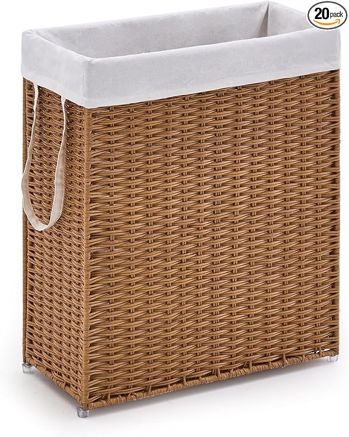 Slim Wicker Laundry Hamper, 75L Handwoven Rattan Basket with Handles, Narrow Laundry Basket with Removable Liner Bag & 2 Mesh Bags