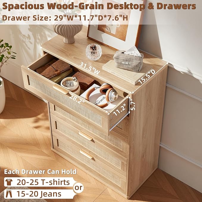 LEYAOYAO Rattan Dresser for Bedroom Set 2, 41" Tall Chest of Drawers, Modern 5 Drawers Boho Dressers with Storage, Light Oak Dresser Wooden Closet Organizer for Living Room, Hallway, Natural Wood