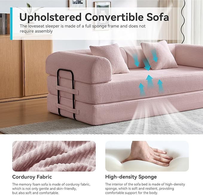 Compression Sofa, Cloud Sectional Sofa,Sofa Bed, Boneless Modular Sectional Sofa with 2 Pillow, Comfy Fluffy Couch with Futon Bed, Perfect for Living Room, Small Space