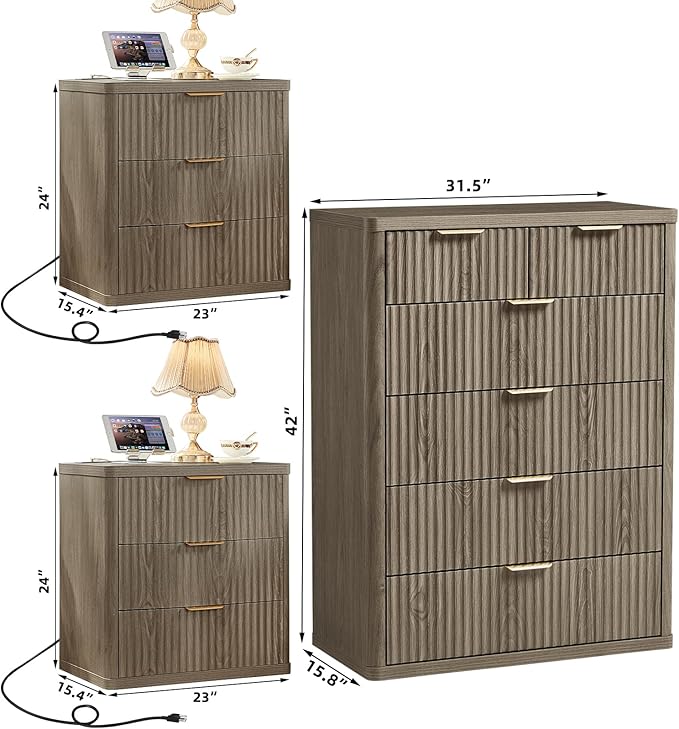 LEYAOYAO 42" Tall Fluted Dresser and 3 Drawers 23" Nightstand Set of 2, Wooden Dresser & Night Stand with Charging Station, 3 Piece Bedroom Furniture Set, Wood Chest of Drawer for Living Room,Grey