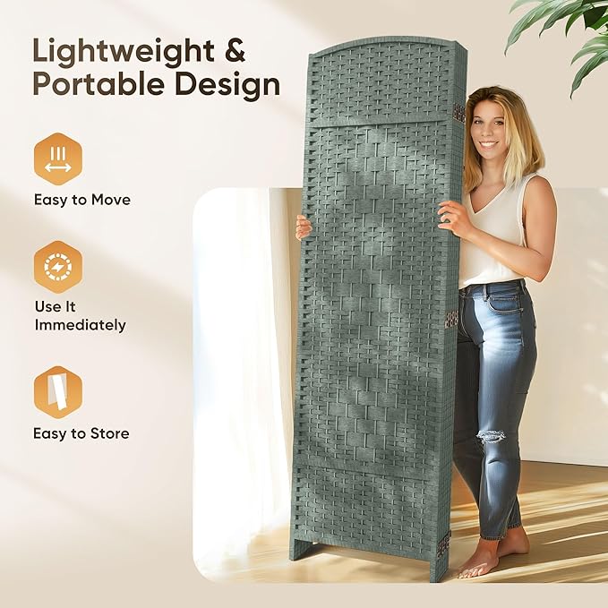 JOSTYLE Room Divider 6 Panel Divider Wall, 6ft Tall Divider for Room Separation, Folding Privacy Screen Panel, Portable Wooden Room Divider Panel, Freestanding Partition Screen, Grey