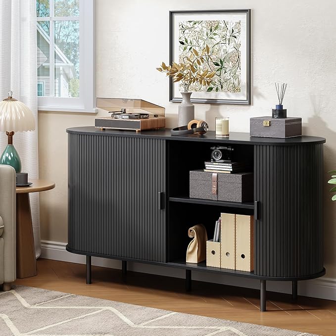 Buffet Cabinet with Storage, Fluted Sideboard Buffet with Sliding Door, Coffee Bar Cabinet with Adjustable Shelf, Console Table, Accent Table for Entryway, Kitchen (Black, 55 Inch)