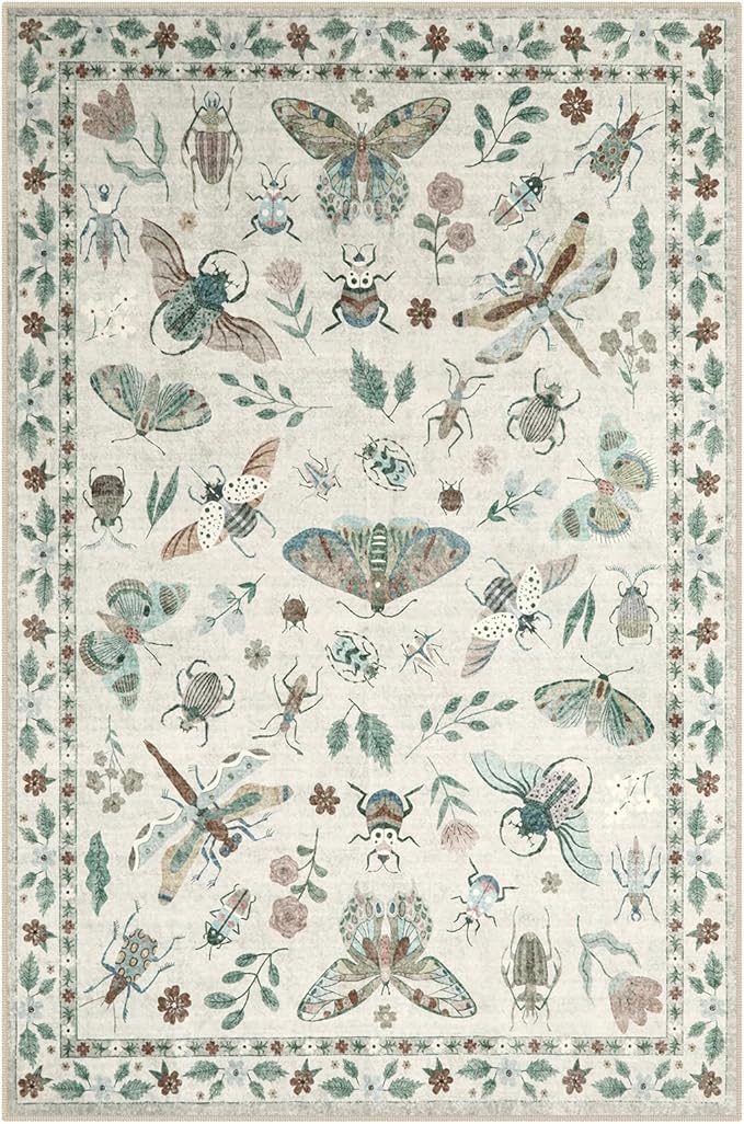 Lahome Insect Print Washable Rugs for Living Room, Soft 6x9 Area Rugs for Bedroom, Ultra-Thin Non Slip Modern Area Rug Low Pile Stain Resistant Throw Carpet for Dining Room Office(6'x9',Beige)