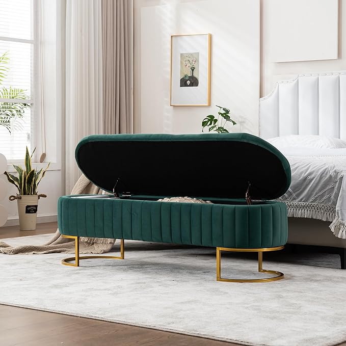 Velvet Storage Bench for Bedroom, Modern Tufted End of Bed Bench for King Size Bed, Upholstered Long Ottoman Bench with Gold Legs for Living Room/Entryway (Green, 55" W)