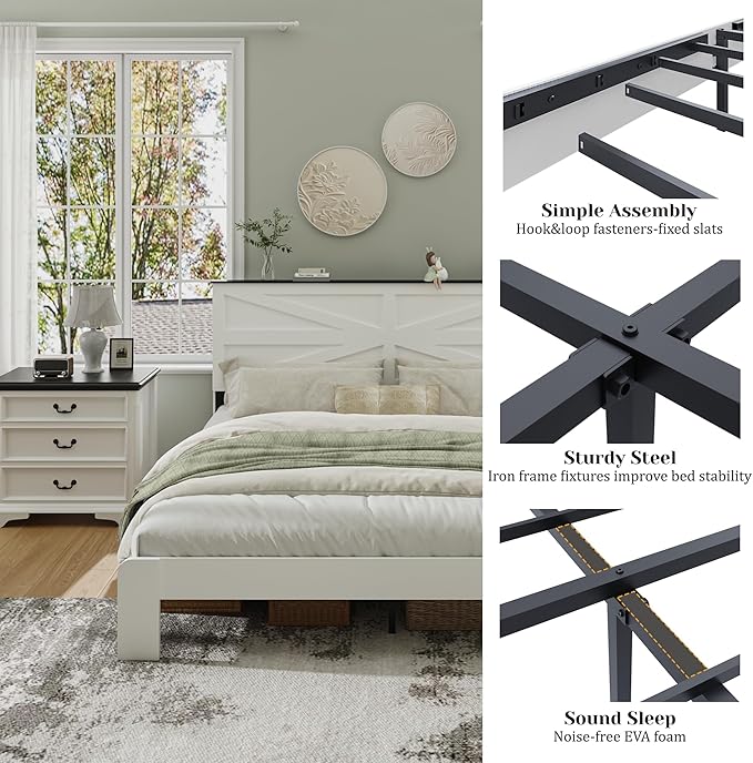 Queen Size Farmhouse Wooden Bed Frame with Headboard, Boho Platform Bedframe Sturdy Metal Slats Support, Spring Needed, Noisy Free, Easy Assembly (Queen, White)