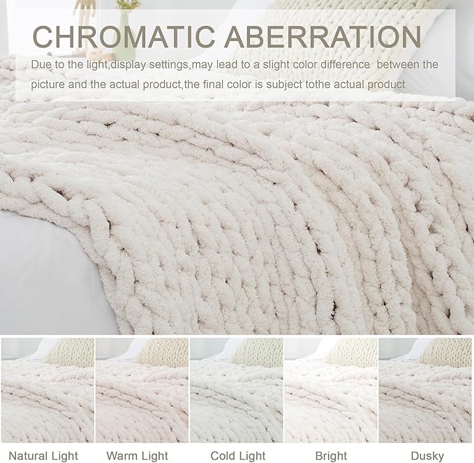 Chunky Knit Throw Blanket 50"X 60", 100% Handmade with Soft Chenille Yarn, 4.4lbs Thick Cable Knitted Blankets, Large Rope Knot Crochet Throws for Couch Sofa Bed Home Decor, Cream White