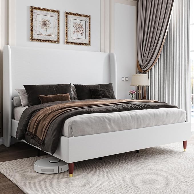 Jocisland Full Upholstered Platform Bed Frame with 51.2" Tall Wingback Headboard–Solid Wood Legs, No Box Spring Needed, White Linen–Modern Style for Any Bedroom