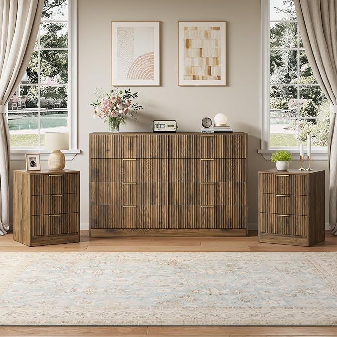 8 Drawer Dresser & 3 Drawer Nightstand Set 3-Piece, Tall Fluted Dresser and Night Stand Set of 2 with Metal Handle, Modern Wood Chest of Drawers Storage Dressers Set for Bedroom, Walnut