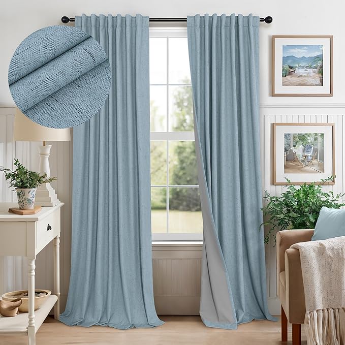 Slate Stone Blue Linen Blackout Curtains 90 Inch Long 2 Panels for Boys Bedroom Kids Back Tab Rod Pocket Pleated Thermal Insulated Energy Efficiency Full Shading Panels for Living Room 52 Inch Wide