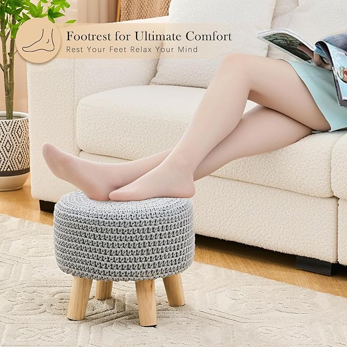 LGENHOOM Boho Ottoman Foot Stool Cotton Knitted Round Pouf Ottoman Foot Rest Stool with Non-Skid Wooden Legs Step Stool Padded Seat for Living Room Gray