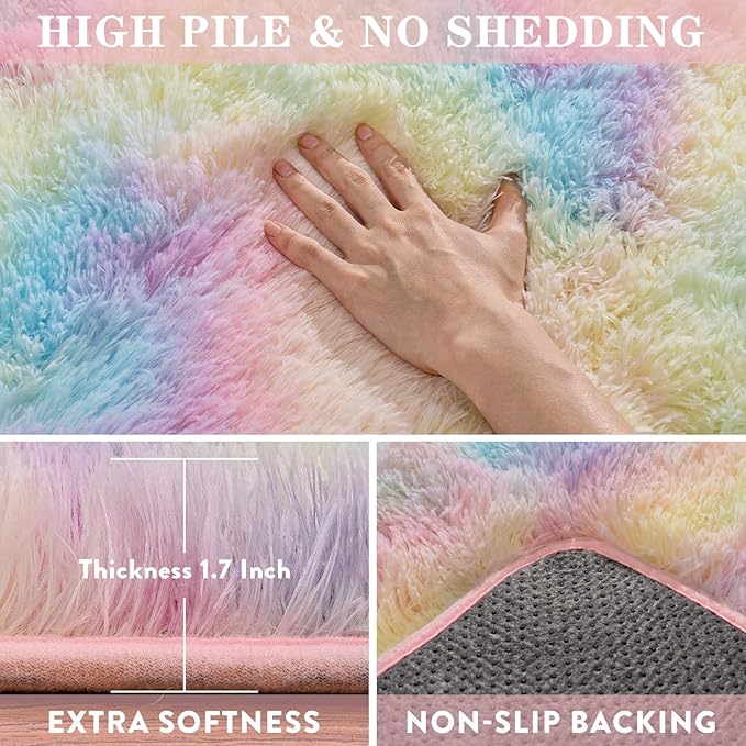 Fluffy Rainbow Rug for Girls Bedroom, 4x6 Cute Colorful Shag Rug for Kids Room, Soft Fuzzy Shaggy Rugs for Living Room Home Decor