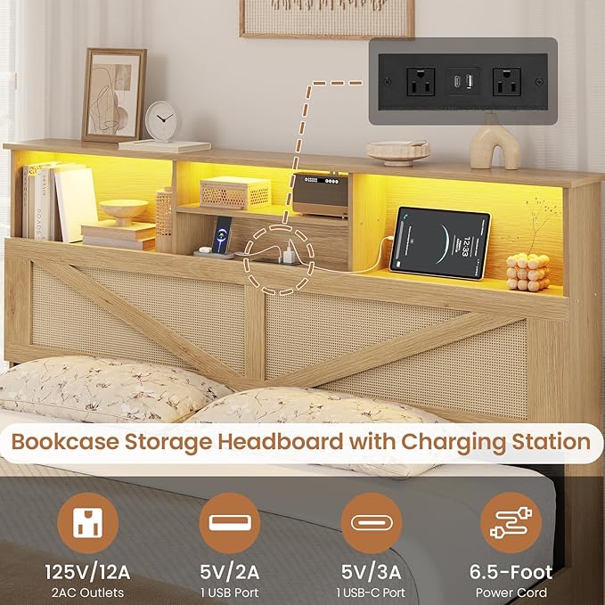 VIAGDO Rattan Bed Frame Full Size with Bookcase Storage Headboard, Charging Station and LED Lights, Wooden Full Bed Frame with 4 Drawers, Barn Door Design, No Box Spring Needed, No Noise, Natural