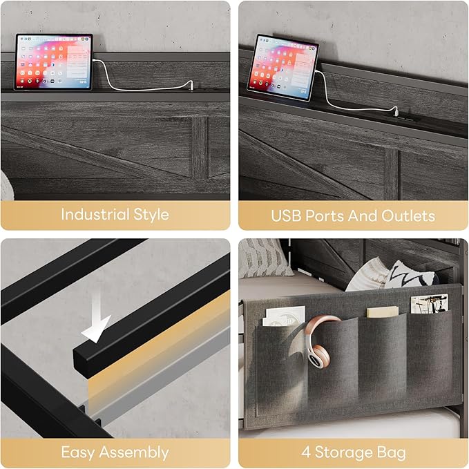 LIKIMIO Twin Daybed with Trundle Bed, Storage Headboard with Charging Station, Sofa Day Bed with Strong Supports for Living Room, Bedroom, and Guest Room, Charcoal Grey