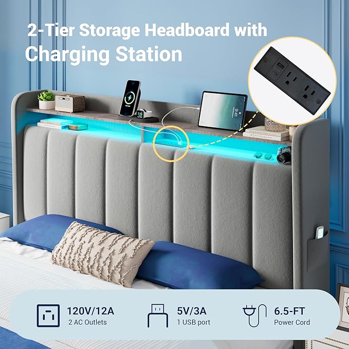 Allewie Velvet Vertical Tufted Queen Upholstered Platform Bed Frame with 2-Tier LED Storage Headboard & 2 Storage Drawers, USB & Type-C Charging Ports, Noise-Free/No Box Spring Needed, Grey