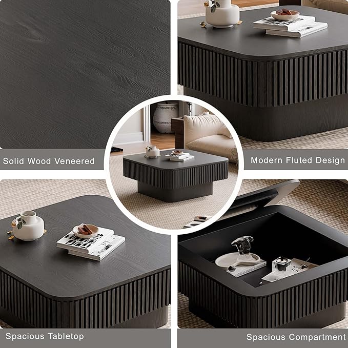 Square Small Coffee Table with Storage, Modern Wooden Coffee Table with Solid Wood Veneered, Fluted Center Table Drum Tea Table for Living Room Apartment, 31.5''L×31.5''W×14''H