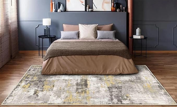 5x7 Area Rugs - Ultra-Thin Washable Rug with Non-Slip Backing, Ideal for Living Room, Bedroom, Kitchen Floor Carpet - Modern Abstract Style, Easy Clean, Durable, Low Pile Rug Yellow