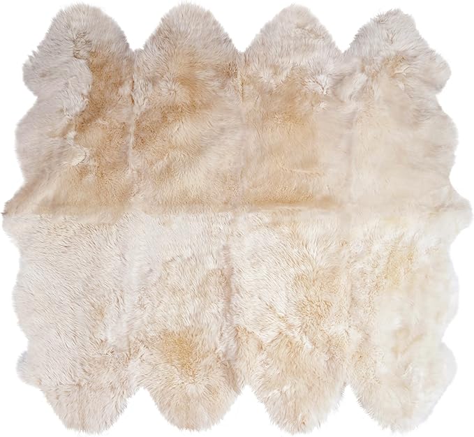Premium Genuine Sheepskin Rug 6' x 8' Long Fur Soft & Natural Shaggy Living Room Rug, Champagne Cream, Eight Pelt