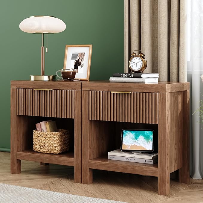 Nightstand Set of 2, End Table with 2 Drawers, Modern Bed Side Table with Storage, Farmhouse Fluted Cabinet Bedside Cabinet for Bedroom Living Room Sofa Couch Office (Walnut-2)