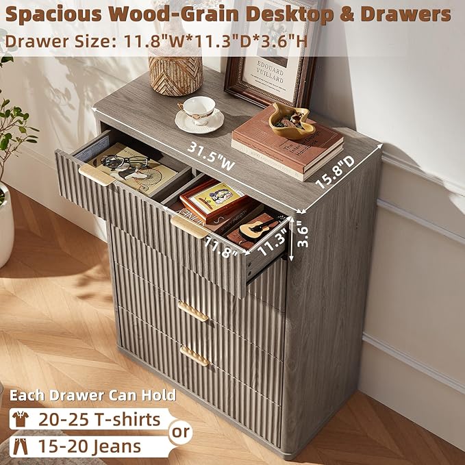 LEYAOYAO Fluted Dressers & Nightstand Set of 3, Wood 48" Wide Dresser & 42" Tall Chest of Drawers,Modern Bedroom Furniture Sets, Grey Wooden Nightstand with 3 Drawers & Charging Station