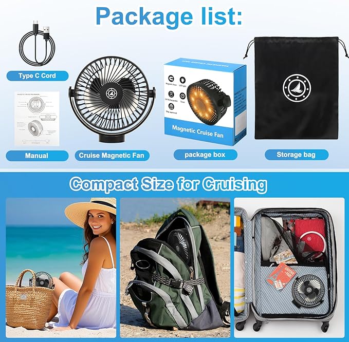 Magnetic Cruise Fan with 12000mAh Battery - Portable Cabin Air Circulator, 3-Speed LED Desk Fan with Timer, Power Bank & Ceiling/Wall Mount, Cruise Ship Approved for Travel (Black)