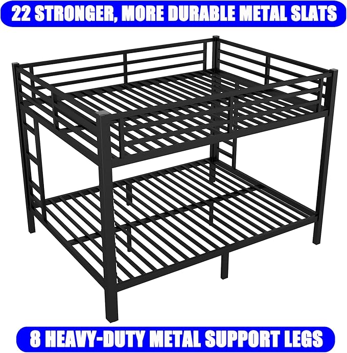 Upgraded Version Thickened Metal Heavy-Duty Queen Over Queen Bunk Bed, Best Modern Style Stronger Queen Size Bunk Bed Frame with Ladder for Adults, Easy Assembly (Queen Over Queen)