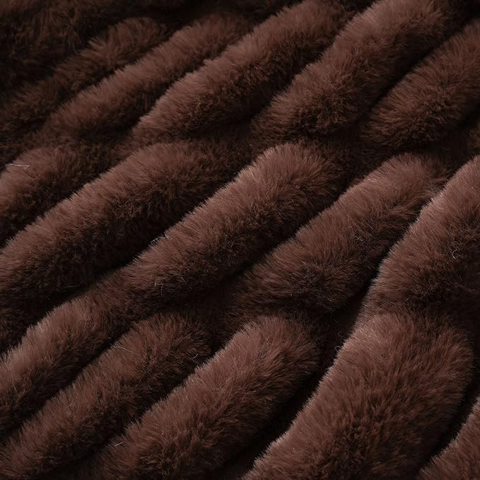 BATTILO HOME Chocolate Brown Faux Fur Throw Blanket for Couch, Double Side Reversible Ruched Rabbit Fur Blanket for Couch, Bed, Super Soft Cozy Warm Mink Blanket, 50x60 Inches
