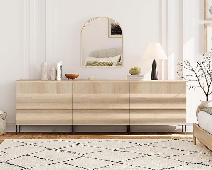 WAMPAT 94.5" W Fluted Dresser for Bedroom, Modern 9 Drawer Dresser TV Stand with Hidden Handles, Wooden Chest of Drawers Closet Clothes Storage Organizer for Bedroom, Living Room, Beige