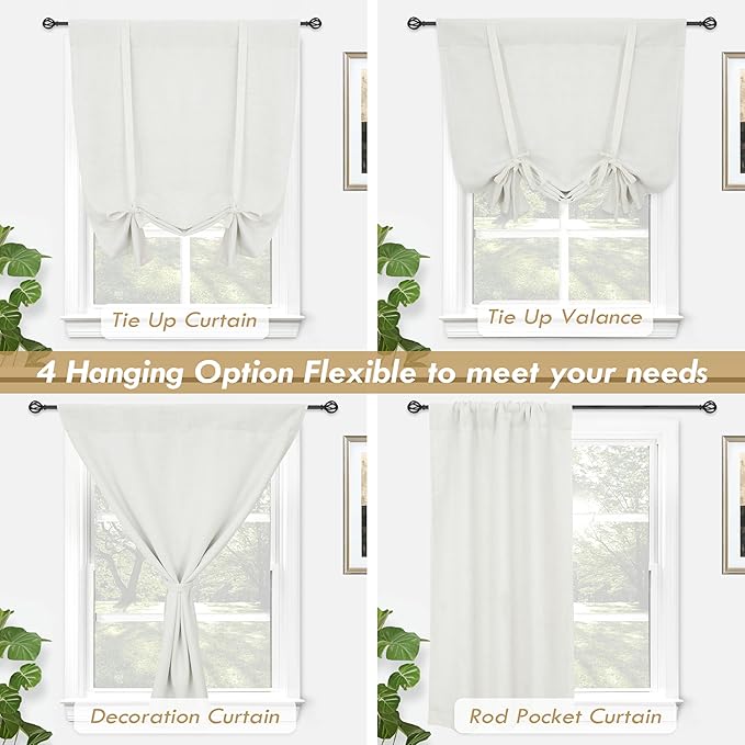 DriftAway Double Layer Linen Blackout Tie Up Curtains Thermal Insulated Fully Lined Balloon Roman Shade Bathroom Window Adjustable Rod Pocket for Small Window 31 Inch by 47 Inch Ivory Cream