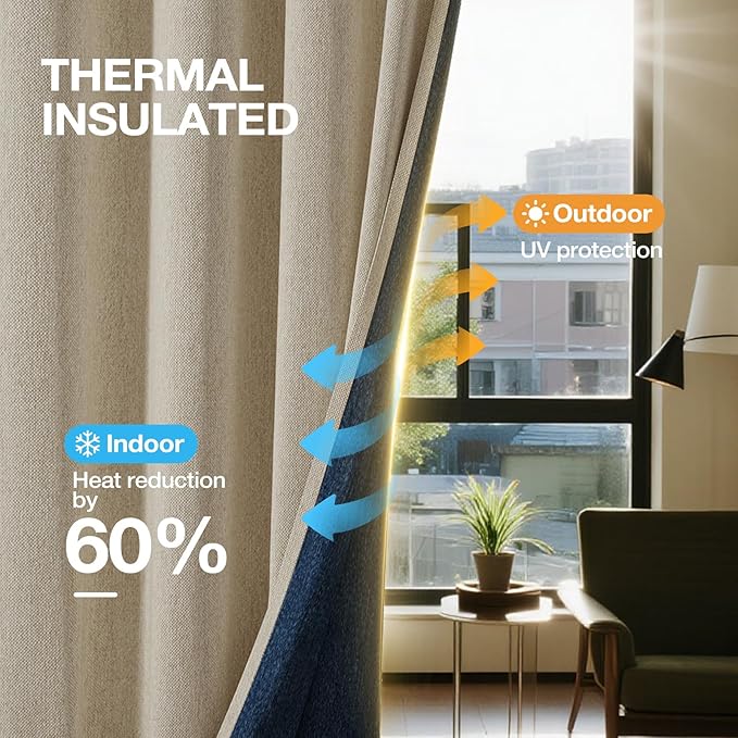 Blackout Curtains 102 inch Length 2 Panels for Living Room, Linen-Look Textured Room Darkening Thermal Insulated Noise Reduction Farmhouse Drapes for Bedroom (W52xL102, Natural)