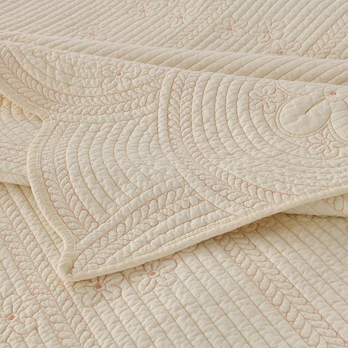 MarCielo 100% Cotton Quilt Set Lightweight Bedspread with Scalloped Edge, Farmhouse Vintage Bedding, All Season Use(Tu Beige,King (112"x102"))