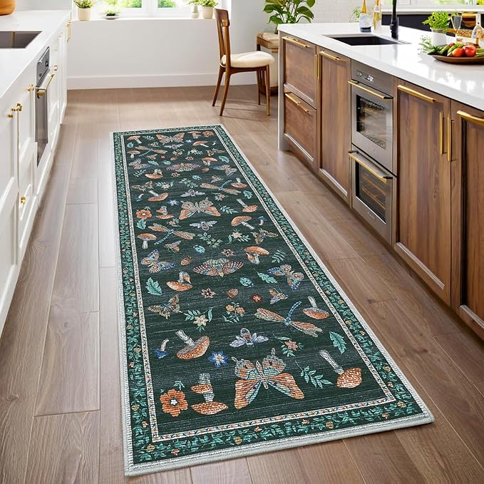 2.5x10 Runner Rug for Hallway Washable Kitchen Rugs Non Slip with Rubber Back Mushroom Soft Low-Pile Stain Resistant Foldable Indoor Carpet for Entryway Laundry Room Floor Mats Black