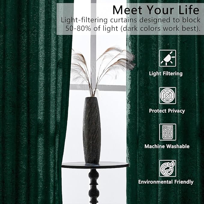 SMILETIME Forest Green Crushed Velvet Curtains 52x84 inch Luxurious Thermal Insulated Soundproof Drapes for Living Room Bedroom Office Soft and Durable Light-Filtering Window Treatments, 2 Panels
