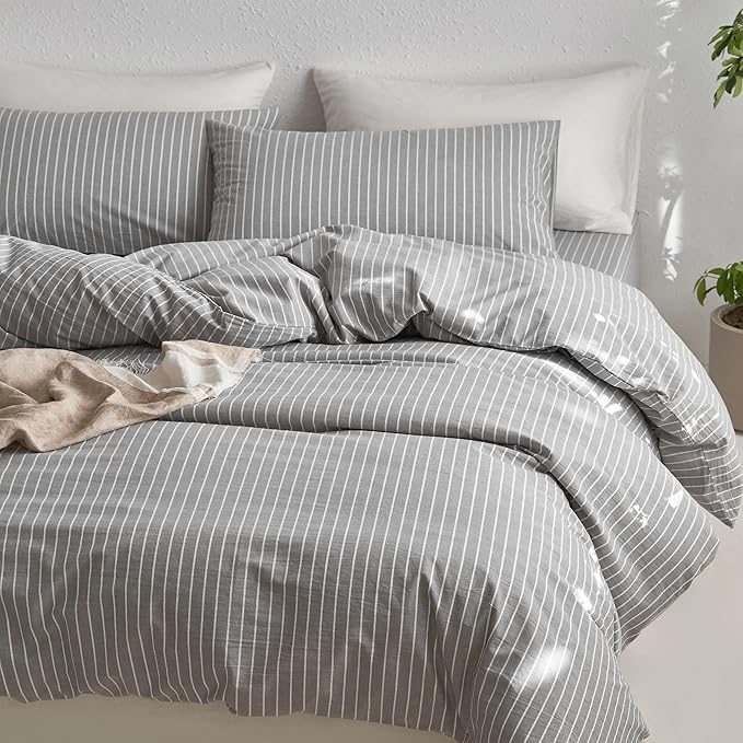 MooMee Striped Duvet Cover Set 100% Washed Cotton Linen Like Textured Breathable Durable Soft Comfy (Light Grey White Wide Stripes, Twin 68"x90")