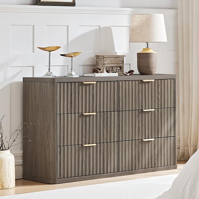 LEYAOYAO Fluted Dressers & Nightstand Set of 3, Wood 48" Wide Dresser & 42" Tall Chest of Drawers,Modern Bedroom Furniture Sets, Grey Wooden Nightstand with 3 Drawers & Charging Station