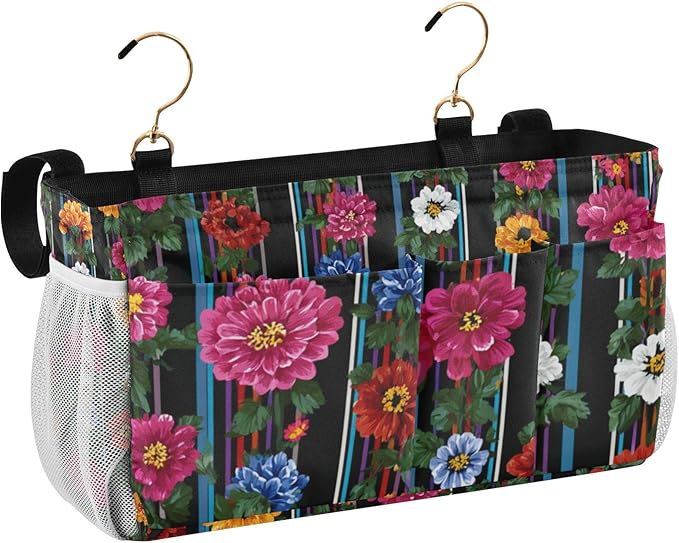 Bedside Caddy Hanging Bunk Bed Caddy Bed Organizer Hanging Pocket with 2 Hooks Bedside Storage Organizer Pocket Bag Holder Mexican Flowers Stripe