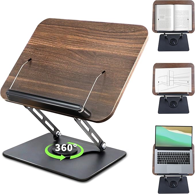 New Upgrade Book Stand for Reading, Book Holder with 360° Swivel Base, Adjustable Height & Angle Cookbook Stand, Foldable Recipe Book Holder for Kitchen, Textbook, Music Stand, Lightweight & Portable