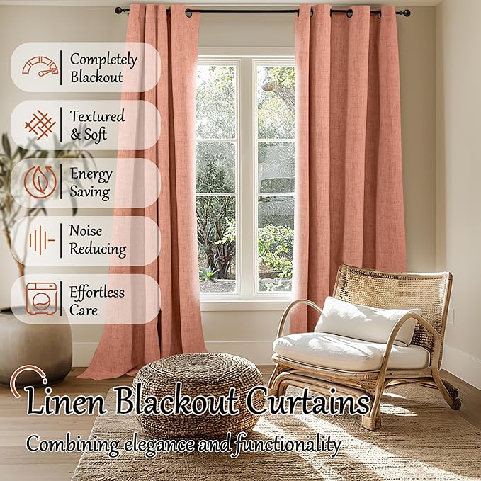 Terracotta Linen Blackout Curtains for Fall Living Room - 84 Inch Long Total Black Out Curtains for Bedroom, Thermal Insulated Room Darkening Light Blocking Curtains Each 52x84 Inch 2 Panels