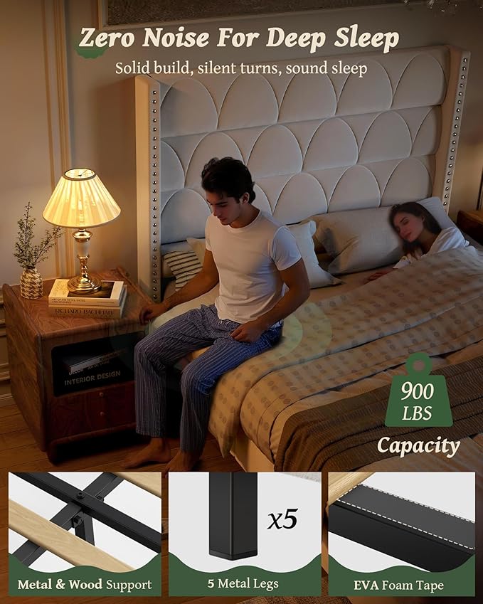 Queen Size Bed Frame with 56" Headboard - Velvet Upholstered Wingback Platform Bed Frame, Noise Free, Sturdy Wooden Slat Support (Cream, Queen)