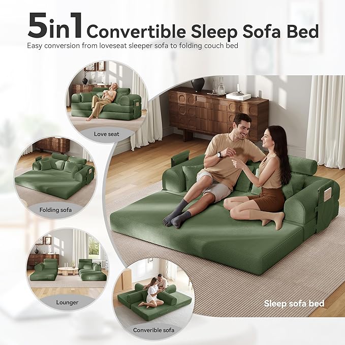 Upgrade High Backrest Design Sofa Bed with Fixed-Shape Frame & Removable Armrests and Backrest, Corduroy Fabric, Convertible Mattress Couch for Small Spaces - No Assembly (High Backrest Olive Green)