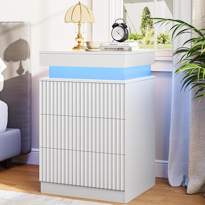 Nightstands Set of 2 with Charging Station & LED Lights, Modern Small Fluted Bedside & End Tables with 3 Drawers, Sliding Top & Hidden Storage, Wooden Farmhouse Night Stand for Bedroom Office,White