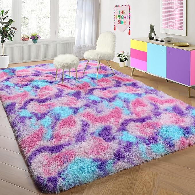 PAGISOFE Ultra Soft Rainbow Area Rugs for Girls Bedoom 4x6 Ft, Fluffy Cute Colorful Pastel Princess Carpet for Kids Teens Nursery,Dorm Rug for Room Decor Aesthetic,Hot Pink Purple Bedroom Decor