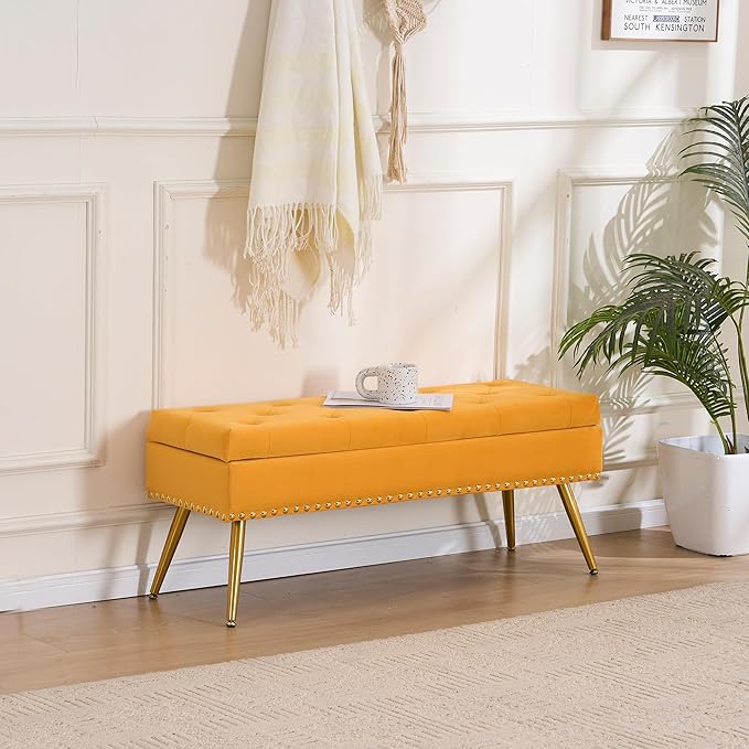 Velvet Storage Bench with Gold Legs& Nailhead Trim, 40" Wide Upholstered Modern Bedroom Bench for End of Bed, Tufted Ottoman for Entryway Living Room Dining Room (Mustard Yellow, 40" Wide)