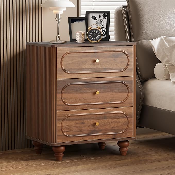 3 Drawer Fluted Dresser for Bedroom Set of 2, Mid Century Modern Chest of Drawers, Wood Storage Small Dresser Organizer for Bedroom Living Room Hallway Closet, Walnut
