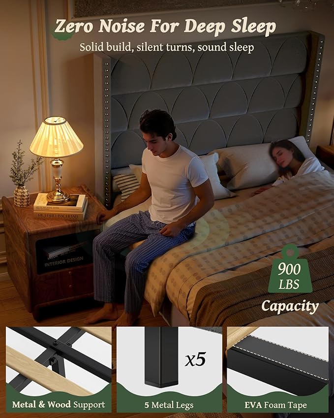 Queen Size Bed Frame with 56" Headboard - Velvet Upholstered Wingback Platform Bed Frame, Noise Free, Sturdy Wooden Slat Support (Deep Gray, Queen)
