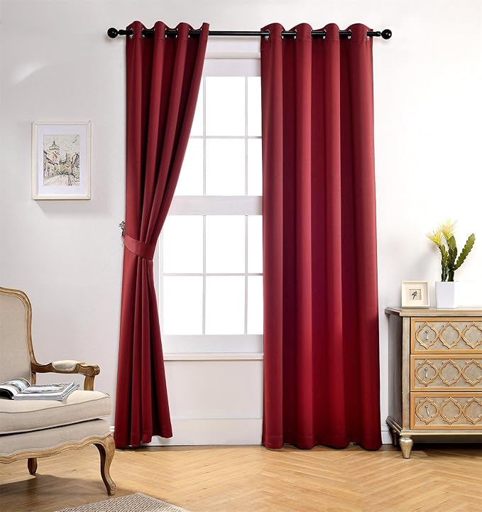 MIUCO Room Darkening Grommet Thermal Insulated Blackout Window Curtains Panels for Bedroom Set of 2 52x95 Inch Burgundy, Bonus 2 Tie Backs Included