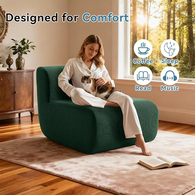 Single Boneless Chairs,Fireside Beanbag Chair Upholstered Cloud Sofa Chair,Corduroy Floor Couch Boneless Couch for Living Room,Memory Foam Lounge Chair for Bedroom,Deep Green