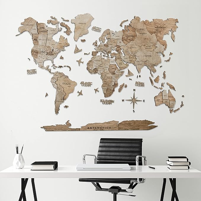 Handmade 3D Wood World Map Wall Art Large Wall Decor Track Your World Travels - Special for Home, Kitchen and Office (Medium, Terra)